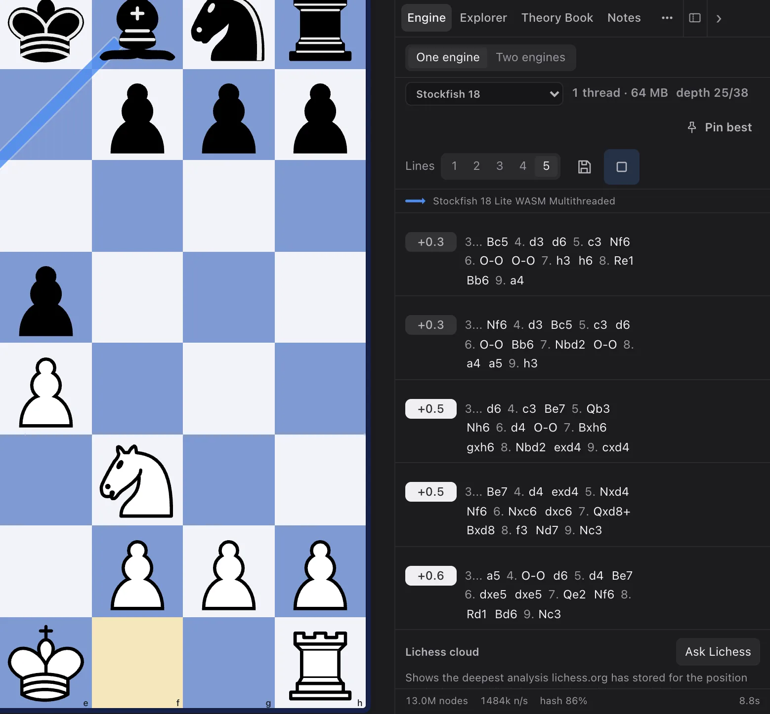 The engine panel with Stockfish 18 Lite running in the browser on the Italian Game: five ranked lines with their evaluations, the depth reached, and the best move drawn as an arrow on the board beside it