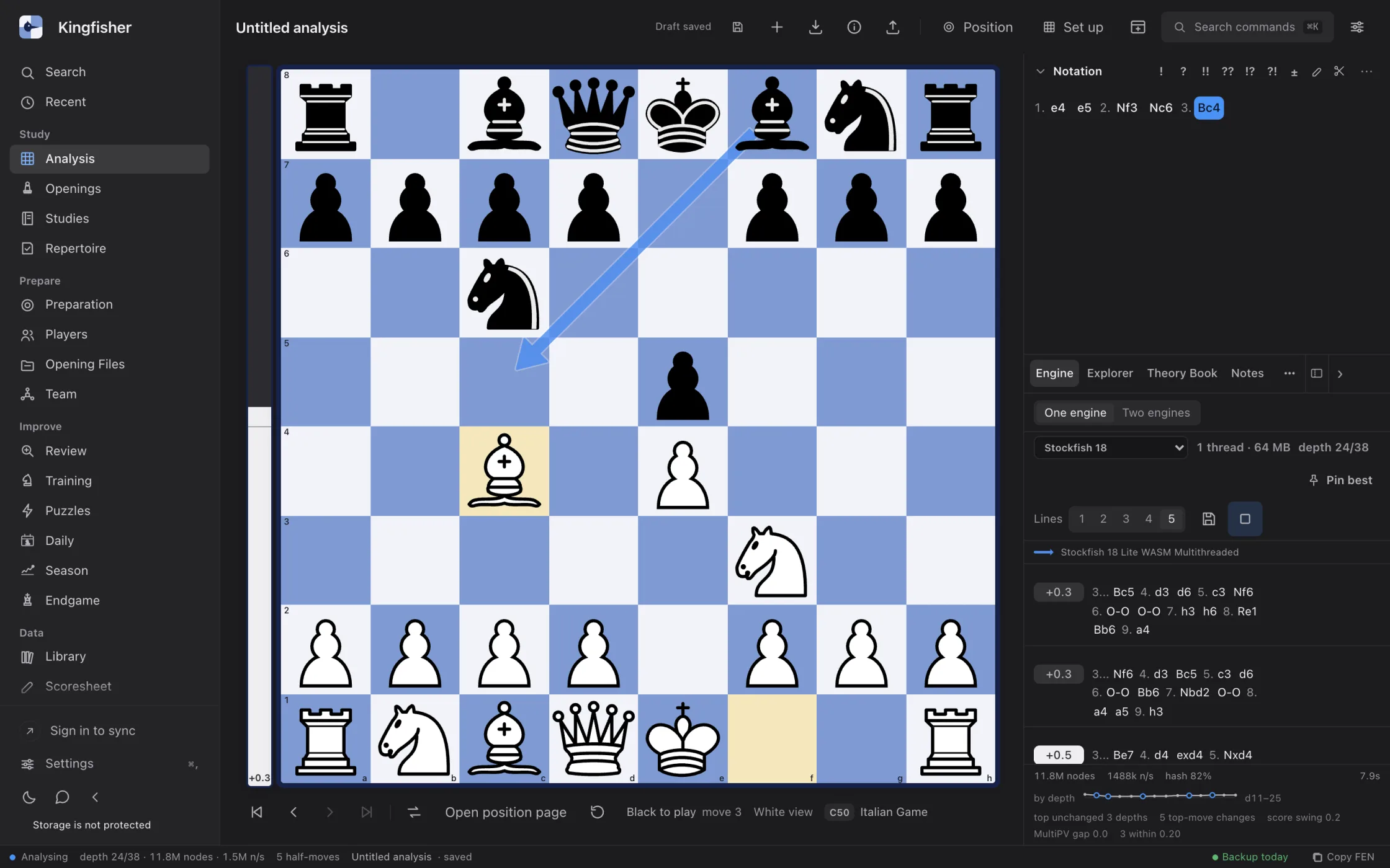 The Kingfisher analysis workspace: the board after 1. e4 e5 2. Nf3 Nc6 3. Bc4 with Stockfish 18 running, its best move drawn as an arrow on the board beside the evaluation bar, the notation and the engine lines in the panel beside it, and the workspace sections — Analysis, Openings, Studies, Repertoire, Preparation, Players, Opening Files, Review, Training, Library — in the sidebar